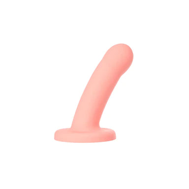 a stubby pink smooth dildo with a slightly bulbus head and a suction cup