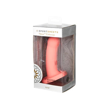 a stubby pink smooth dildo with a slightly bulbus head and a suction cup base shown in its display box