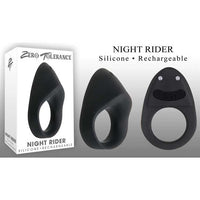 black silicone rechargeable vibrating cock ring next to zero tolerance box