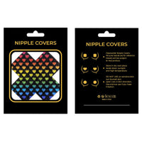 Packaging of nipple covers with rainbow heart pattern on a white background
