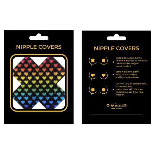 Packaging of nipple covers with rainbow heart pattern on a white background
