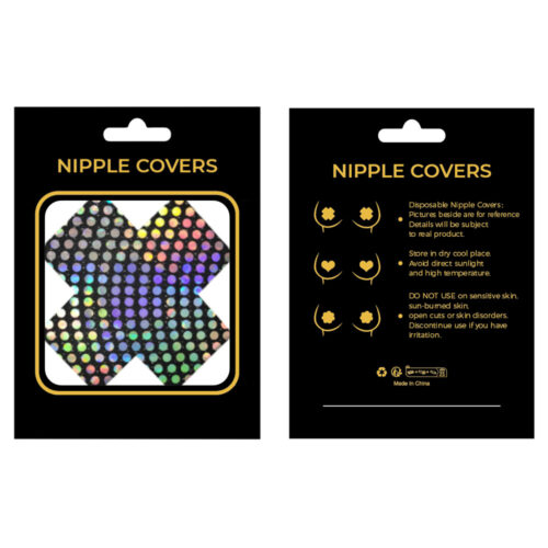 Packaging of nipple covers with a colorful design on a black background