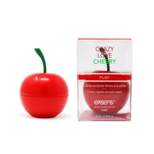 Red cherry-shaped container with packaging labeled 'Crazy Love Cherry' on a white background