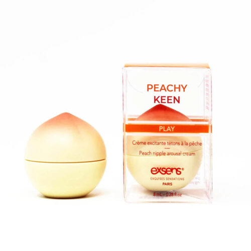 Peach-shaped cream with packaging labeled 'Peachy Keen' on a white background