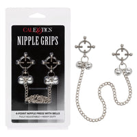 silver 4 point nipple press with bells and connected by a silver chain next to package