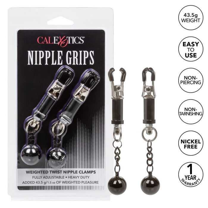 black weighted nipple clamps next to package