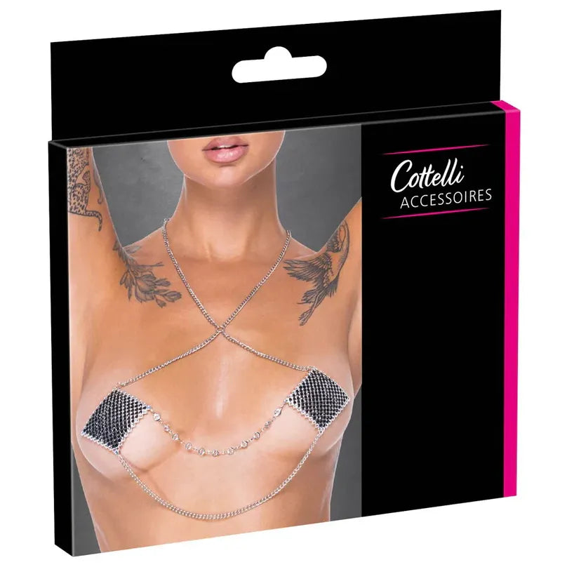 Couture accessory packaging with a model wearing silver nipple pasies with chains, featuring the brand 'Cottelli Accessoires'.