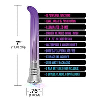 shiny purple g spot vibrator with a silver cap and a jewel on the base shown next to a list of its key features