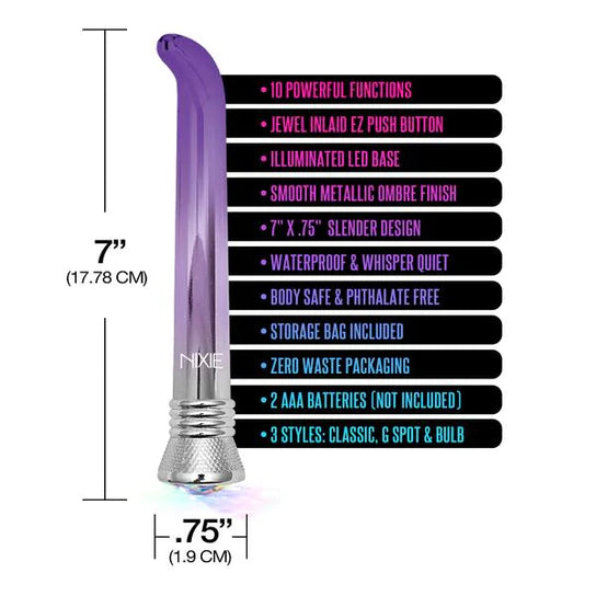 shiny purple g spot vibrator with a silver cap and a jewel on the base shown next to a list of its key features