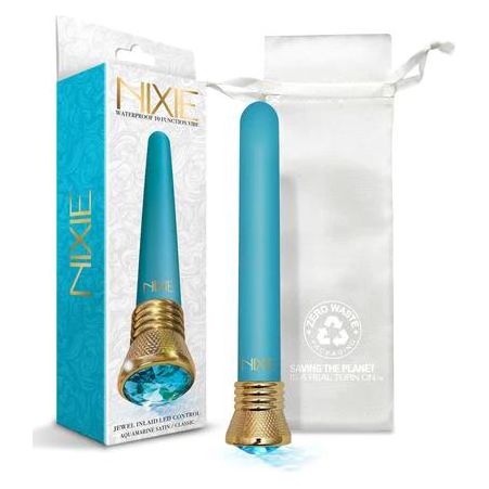 a sleek blue vibrator that has a gold cap with a jewel on the base, shown next to its white storage bag and white display box