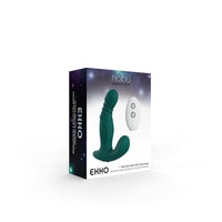 green curved vibrator with bottom base and remote on box packaging
