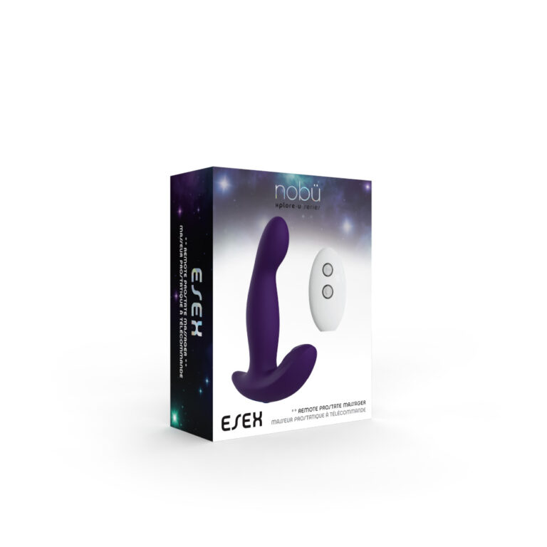 purple curved prostate plug with remote on box packaging