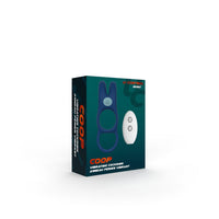 navy blue vibrating cock ring with ball holder, with remote control on box packaging