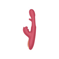 red vibrator with flapping in the middle and clitoral stimulation