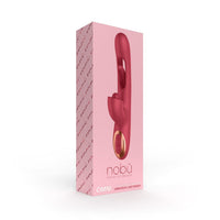 red vibrator with flapping in the middle and clitoral stimulation on box packaging