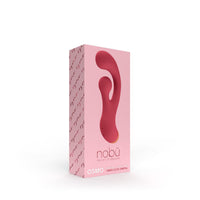 red vibrator with curved head and clitoral stimulator on box packaging