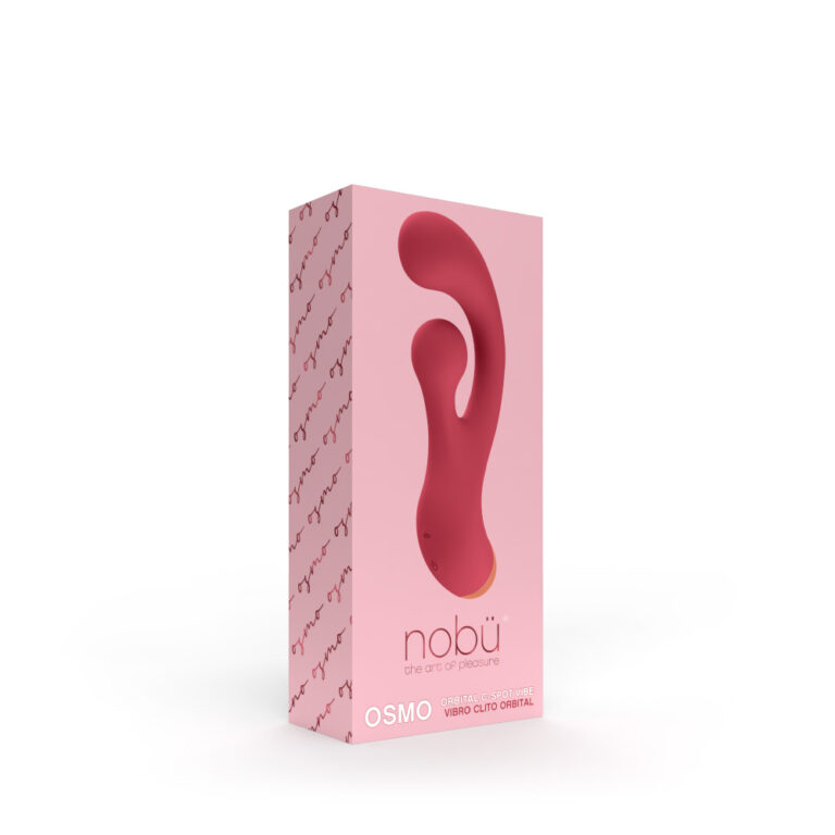 red vibrator with curved head and clitoral stimulator on box packaging