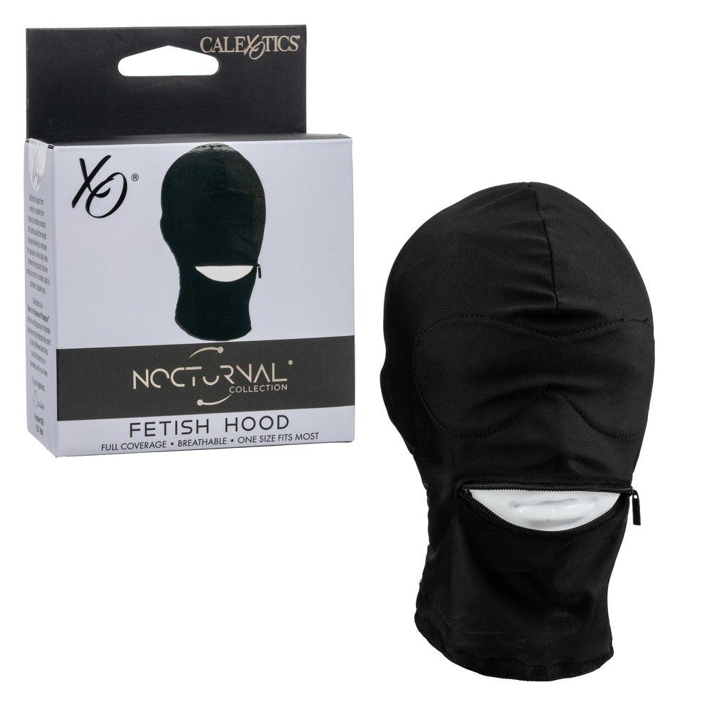 Black fetish hood with packaging labeled nocturnal 'calexotics' on a white background