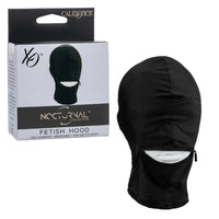 Black fetish hood with packaging labeled nocturnal 'calexotics' on a white background