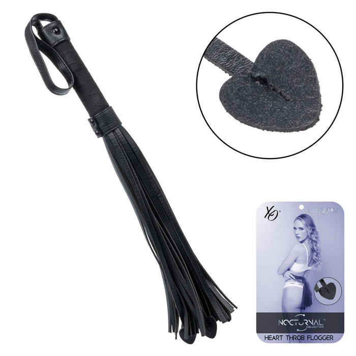Black heart-shaped flogger with close-up of head and packaging on a white background
