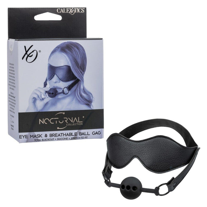 Black eye mask and breathable ball gag with packaging on a white background