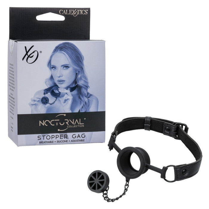 Black stopper gag with packaging featuring a model, branded 'XO' and 'Calexotics'.