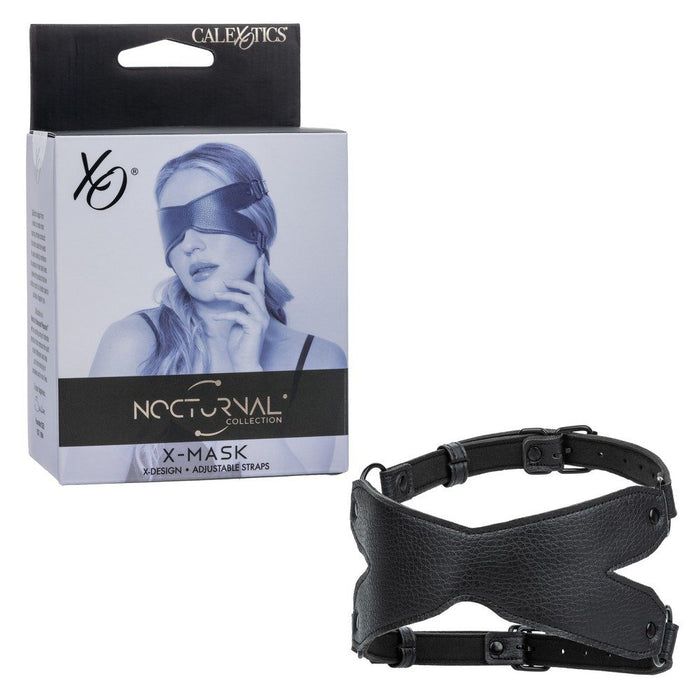 Calexotics X-Mask packaging with black leather strap on a white background