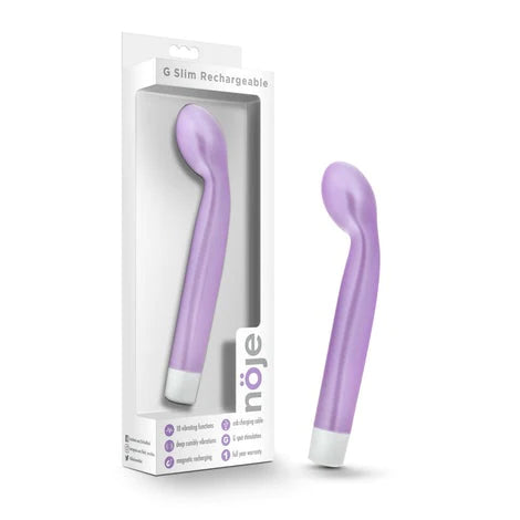 purple g spot vibrator with an egg shaped tip next to its white display box