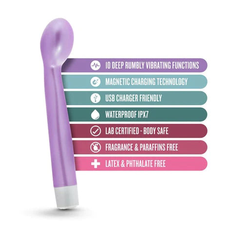 purple g spot vibrator with an egg shaped tip next to a list of its key features