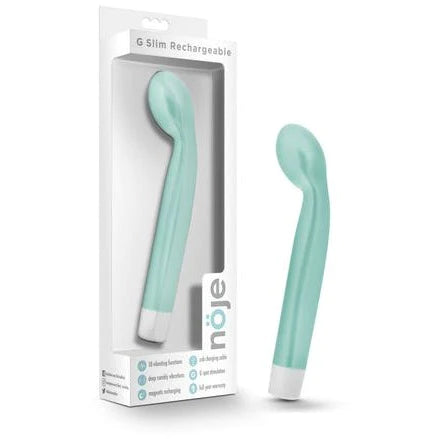 light blue g spot vibrator with an egg shaped tip next to its white display box