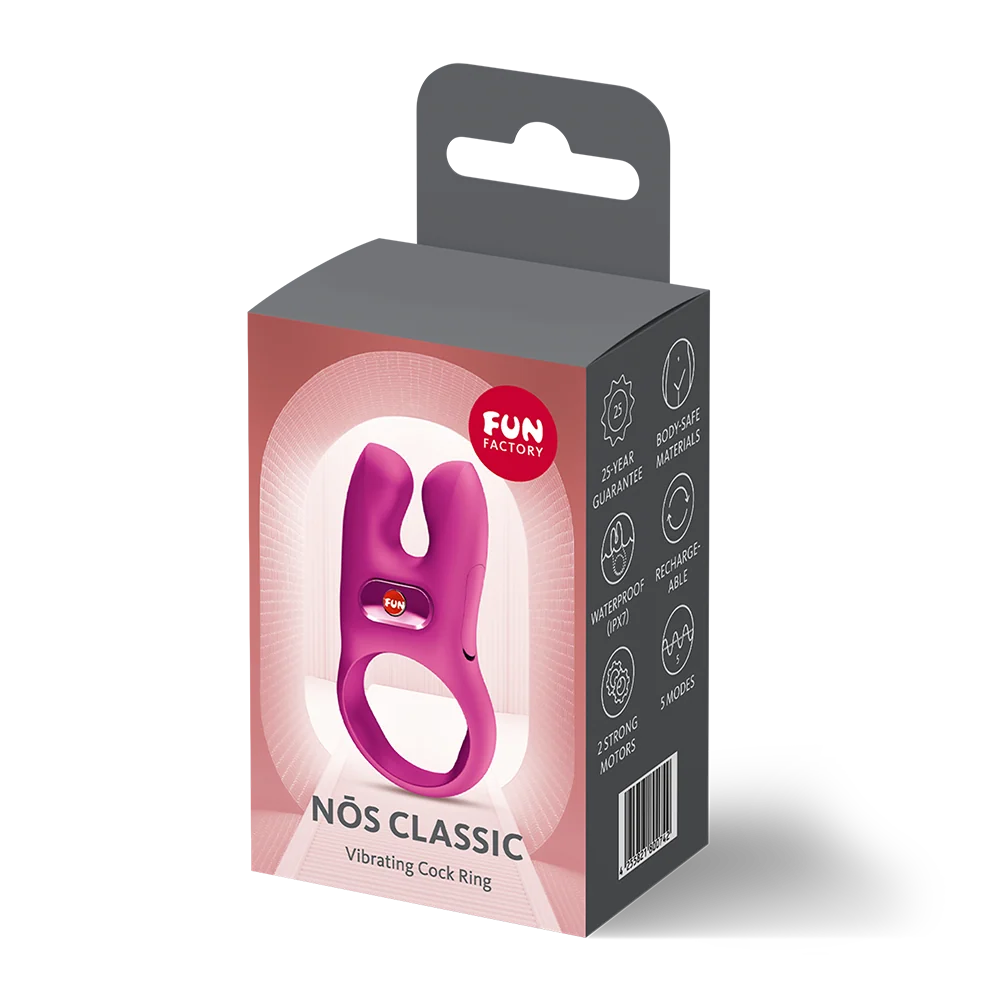pink vibrating cock ring with rabbit ears on box packaging