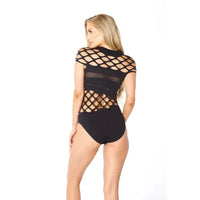 Black teddy with mesh cutouts worn by a model on a white background