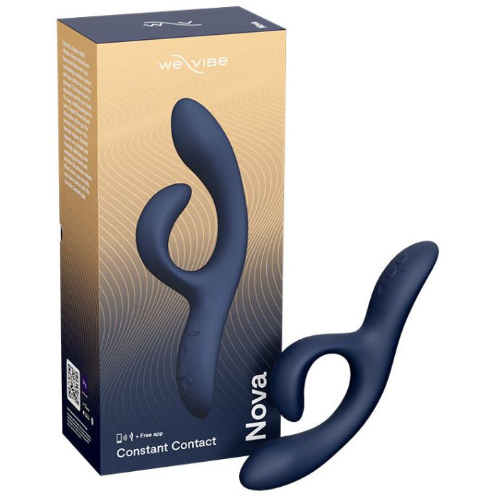 navy vibrator with clit stim with enlarged head on box