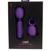 Purple handheld massager with smaller component on a black box labeled 'Nubii'.