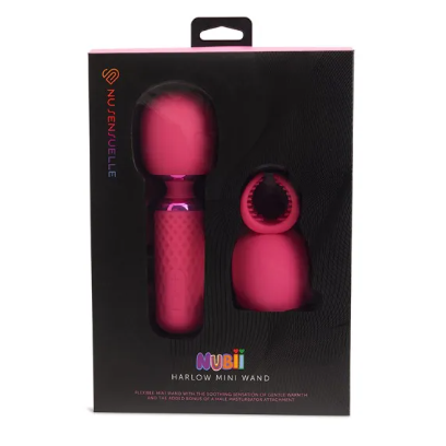 Pink handheld mini massager with a smaller attachment in a black box, featuring the brand 'Mubii'.