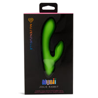 green vibrator with curved bulb head, indented cupped clitoral stimulator