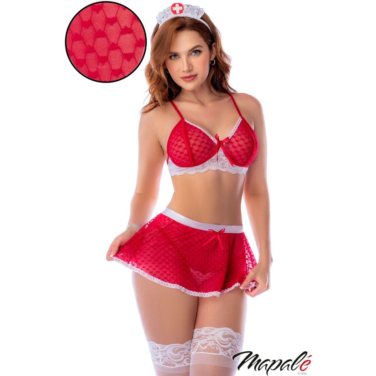 A woman modeling a red and white nurse lingerie set with a matching headpiece, lace thigh-high stockings, and a circular inset showing a close-up of the red mesh fabric texture. The brand name 'Mapale' is visible in the bottom right corner.