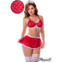 A woman modeling a red and white nurse lingerie set with a matching headpiece, lace thigh-high stockings, and a circular inset showing a close-up of the red mesh fabric texture. The brand name 'Mapale' is visible in the bottom right corner.