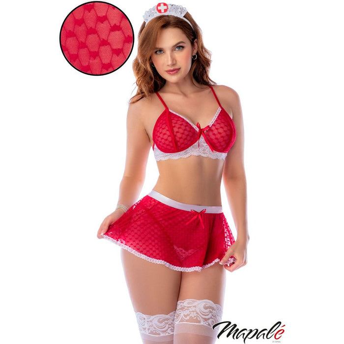 A woman modeling a red and white nurse lingerie set with a matching headpiece, lace thigh-high stockings, and a circular inset showing a close-up of the red mesh fabric texture. The brand name 'Mapale' is visible in the bottom right corner.