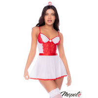 model wearing a nurse babydoll on a white background