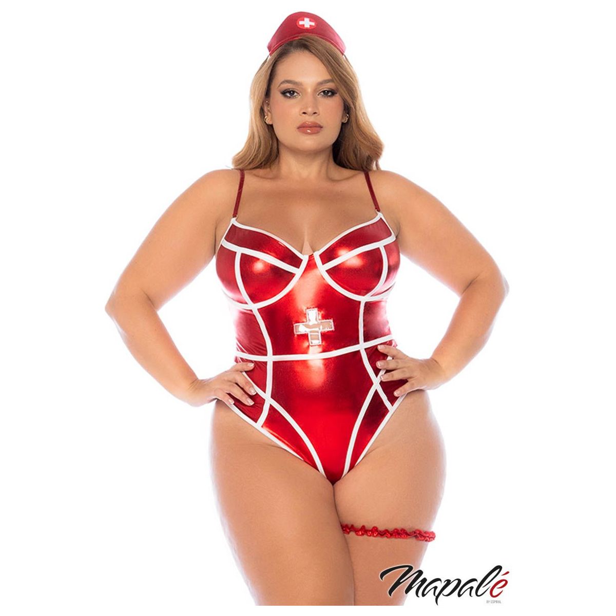 Model wearing a red and white patterned swimsuit with a nurse-themed headband on a white background.