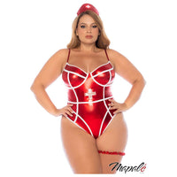 Model wearing a red and white patterned swimsuit with a nurse-themed headband on a white background.