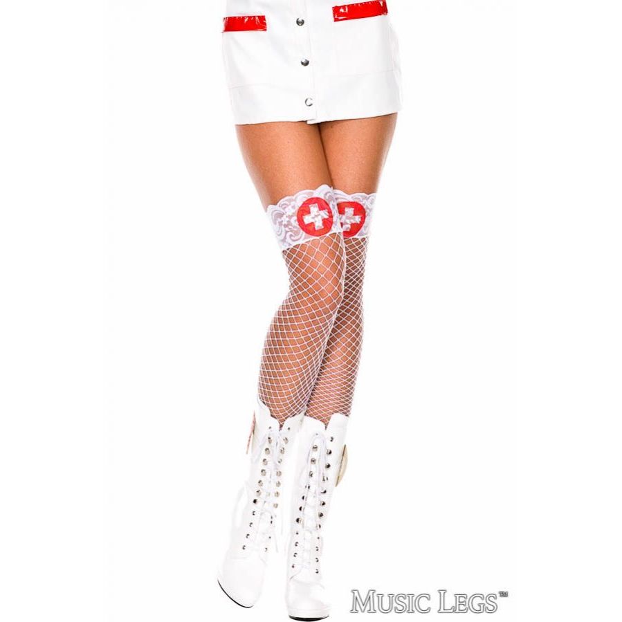 White fishnet stockings with red cross design worn by a person on a white background, with 'Music Legs' branding.