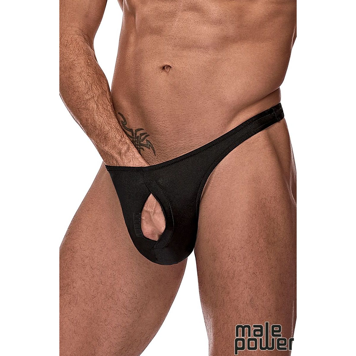 mens thong with pull tab front pouch, in black, front view