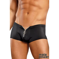 mens boxers with front pouch and zipper in black, front view
