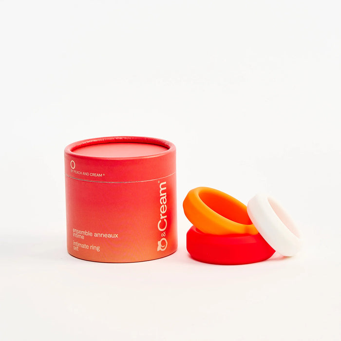 Red container with a white cap and orange cock rings on a white background