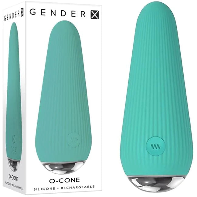 a blue cone shaped vibrator with vertical ridges and a silver base. It is shown next to its white display box