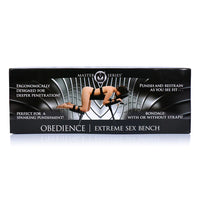 Product packaging for a 'Master Series' obedience extreme sex bench with text on a white background.