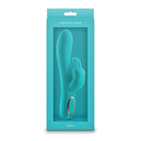 Turquoise vibrator in packaging with 'OBSSESSIONS' branding on a white background