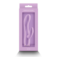 Purple vibrator in packaging with 'OBSSESSIONS' branding on a white background
